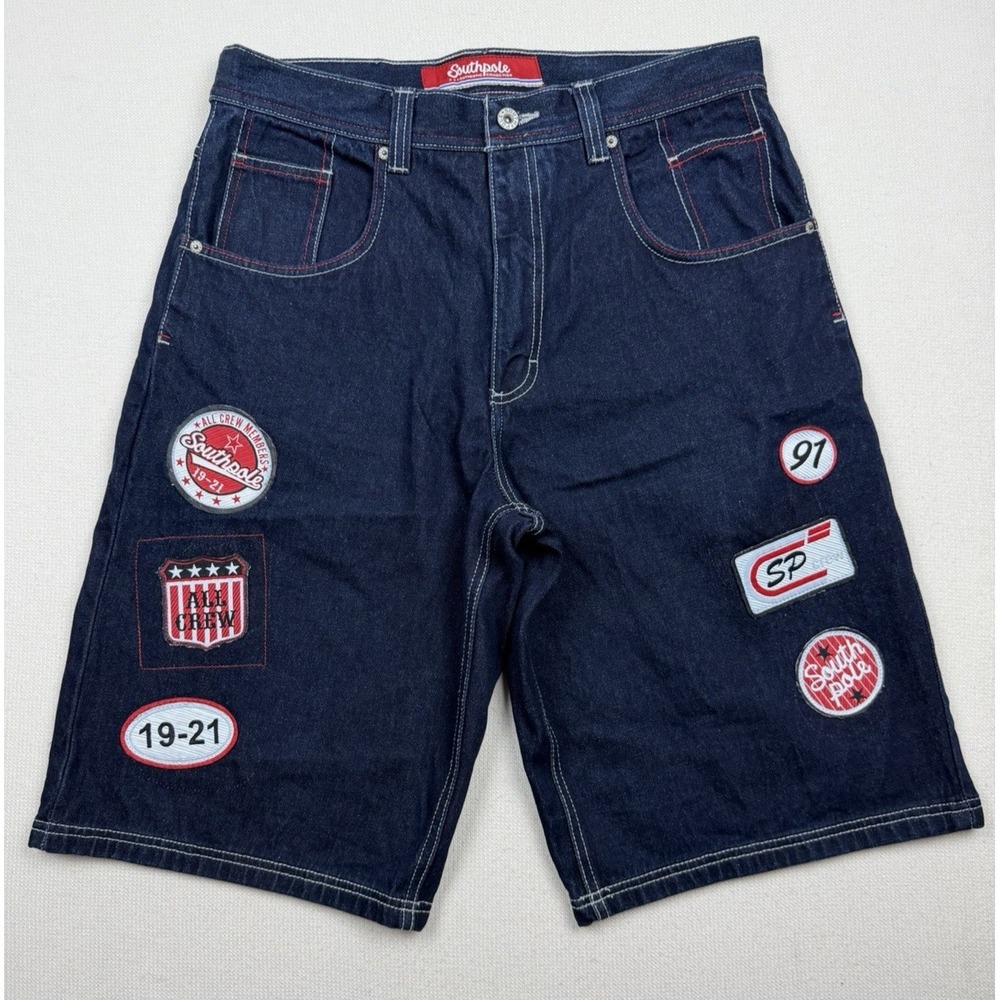 VTG South‎ Pole Baggy Patched Jean Shorts Men's Sz 34 Skater Grunge Y2K Wide Leg